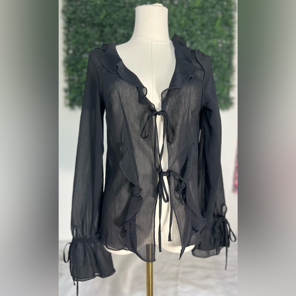 Y2K H And M Divided Sheer Black Ruffle Button Up Tie Front Whimsigoth Top Small